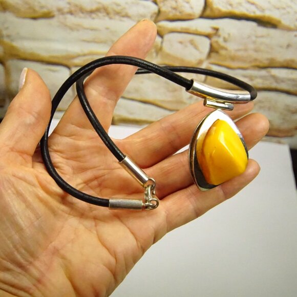 Baltic Amber and 925 Silver Black Leather Cord Modernist Necklace 18" - Her Gift - Picture 9 of 14